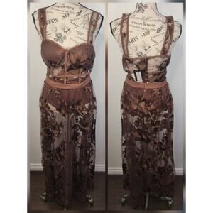 Blithe LA Sheer Lace maxi dress Womens Medium Empire Waist Floral Brown NEW